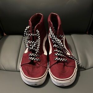 Burgundy High-Top Vans with Checkered Laces
